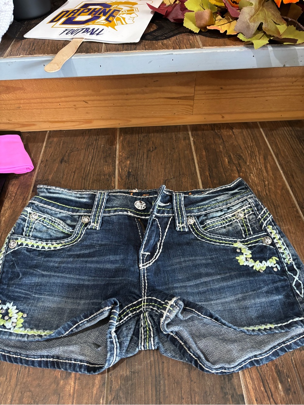 Scarlett Dark Wash Denim Shorts with Lime Embroidery